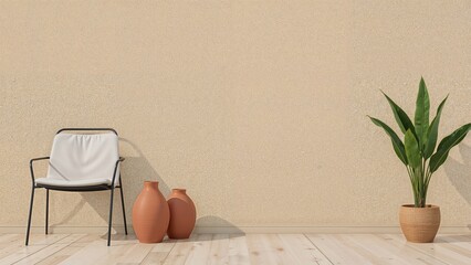 Styled interior design with coastal influences, beige background, wall mockup, chair, table, and terracotta pots. Illustration contains clipping path.