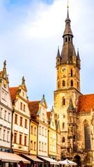 Obraz premium A tall church tower rises above colorful, historic buildings in a town square