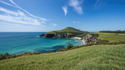 Fototapeta premium Tranquil coastal landscape featuring lush greenery and vast sea under clear skies