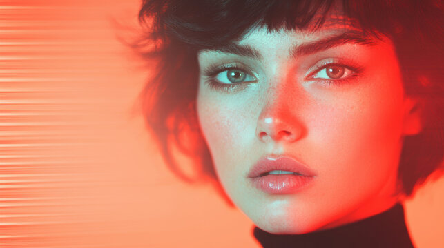Portrait of woman with short black hair in neon red light, highlighting artistic and expressive facial features