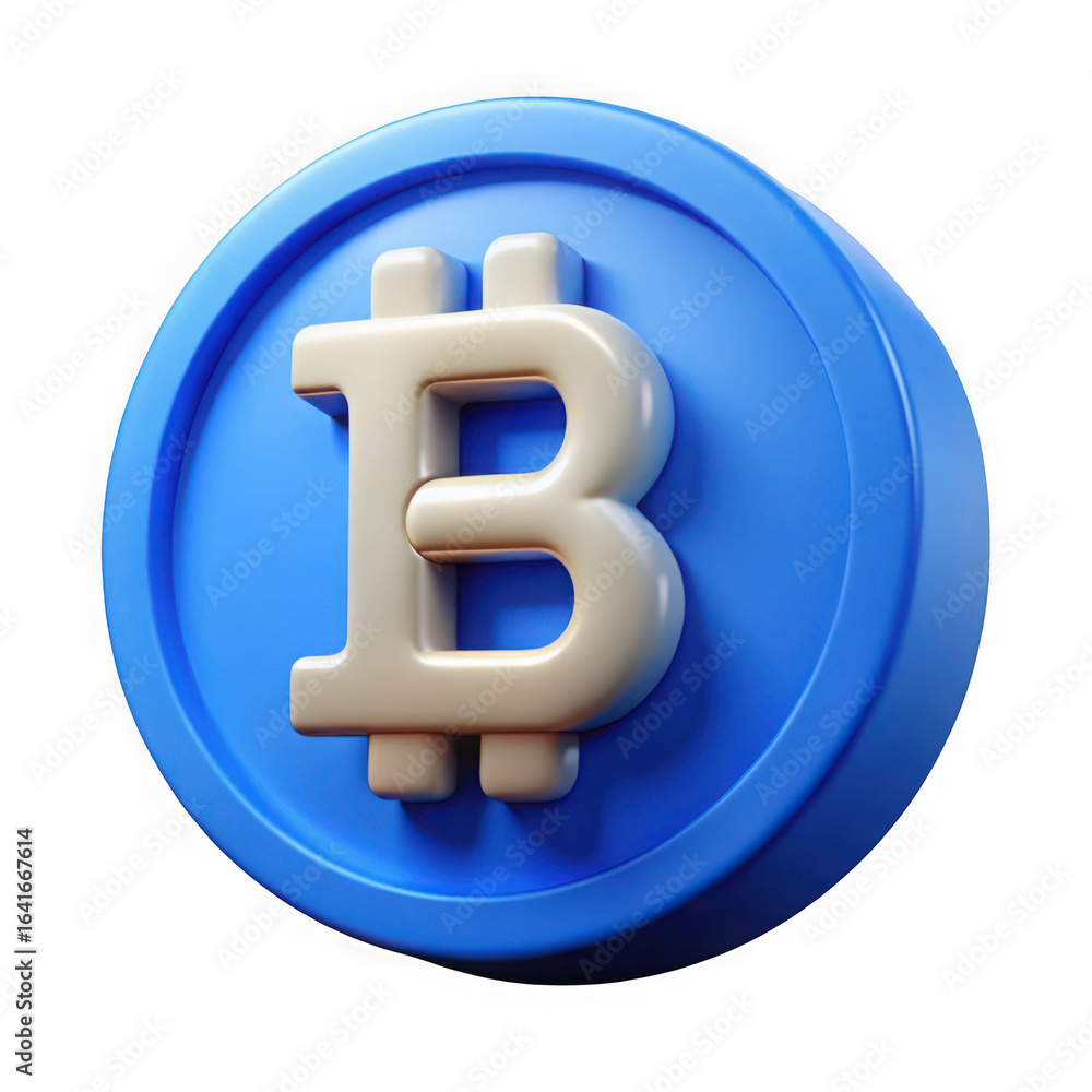 Poster 3d illustration of a 3d render of a blue and white bitcoin coin representing digital currency and th