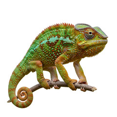 Obraz premium Colorful Chameleon Resting on Branch against Transparent Background, Animal Portrait
