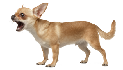 Ggressive chihuahua showing teeth, exhibiting a defensive posture, conveying a sense of protection and territoriality on transparent background