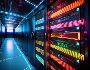 high tech server rack in a modern data center with vivid multi colored led lights ideal for illustrating cloud storage digital security and networking systems