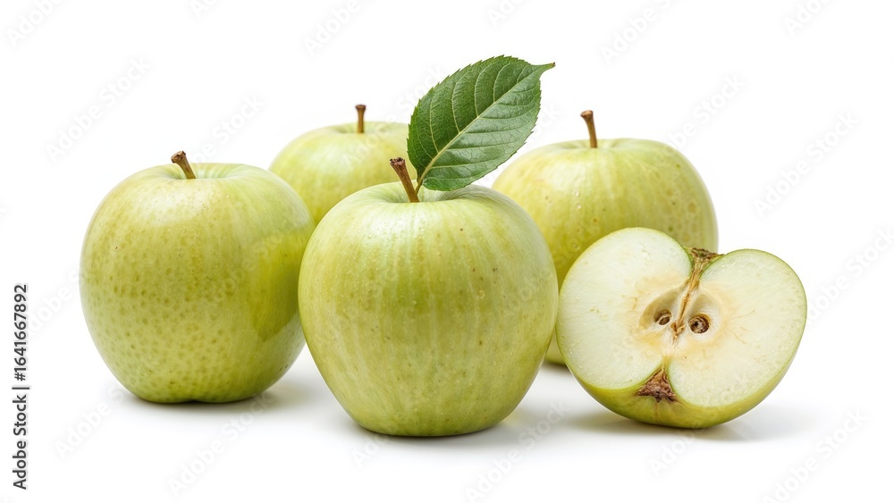 Poster a group of fresh green apples accompanied by a leaf and a halved apple on a white background with cl