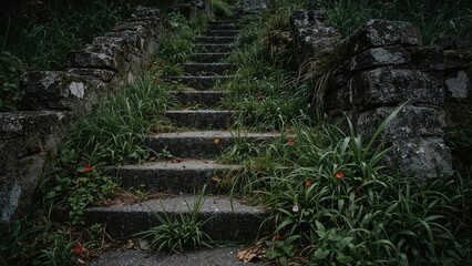 Rustic stone staircase embraced by wild grass and blooming flora