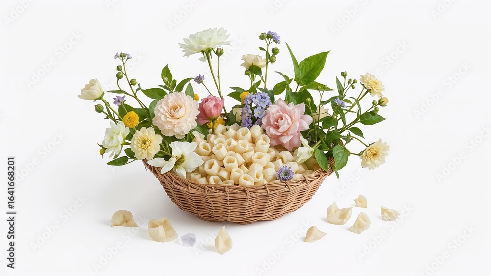 Poster assorted floral arrangement in a wicker container against a white backdrop