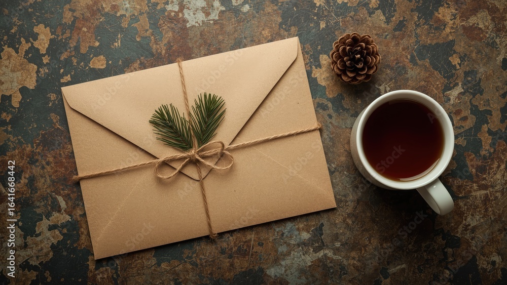 Poster rustic kraft envelope secured with twine and adorned with a pine branch and cone on a vintage wooden