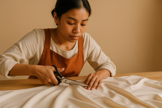 Focused young woman cutting white fabric with scissors on a wooden table in a minimalist workspace for sewing and garment making