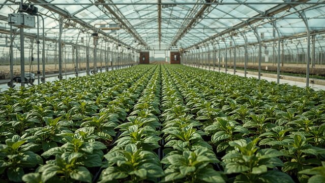 Rows of flourishing seedlings inside a glasshouse