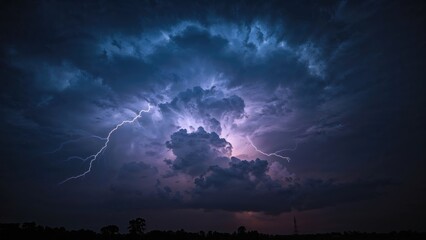 At night, a supercell thunderstorm flashes with lightning, crowned by a distinctive double cap cloud named pileus.