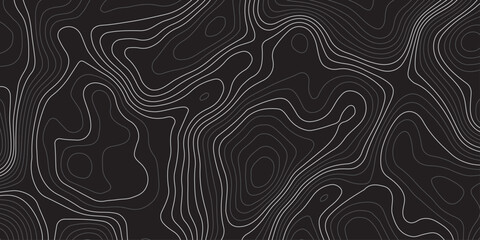 Abstract dark topographic map pattern with smooth contour lines on a black background. Modern minimalistic elevation design, perfect for backgrounds, wallpapers, or technology themes.