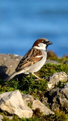 A small brown and grey bird perches on rocks near water