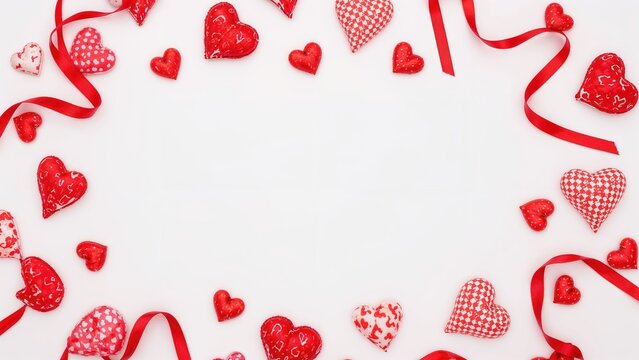 Colorful heart-shaped ornaments for Valentine's Day, isolated on white background, top angle with free space