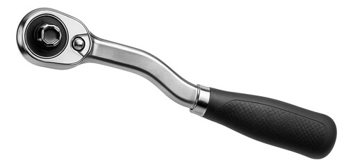 Offset ratchet with a curved handle for ergonomic wheel lug manipulation on vans.