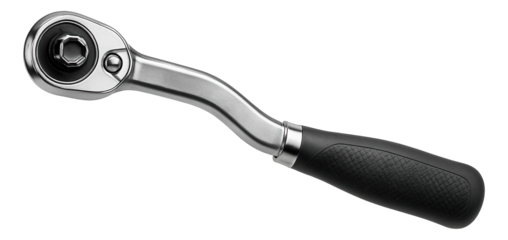 Offset ratchet with a curved handle for ergonomic wheel lug manipulation on vans.