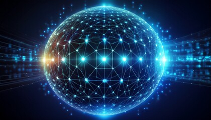 pulsating wireframe sphere with coded lights glows against a dark background abstract digital network visualization symbolizing data flow connectivity and futuristic technology space for caption