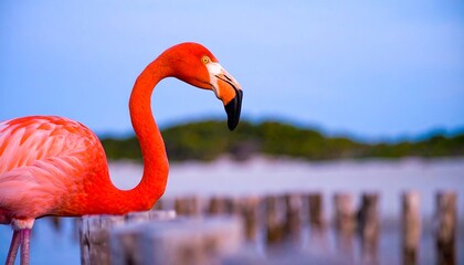 Fototapeta premium A vibrant pink flamingo rests on weathered wooden posts, a blurred beach and sky in the background