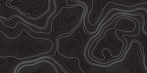 Abstract dark topographic map pattern with smooth contour lines on a black background. Modern minimalistic elevation design, perfect for backgrounds, wallpapers, or technology themes.
