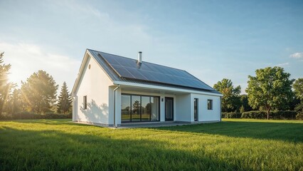 Obraz premium State-of-the-art energy-efficient home with integrated solar panel installation