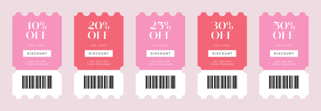 Coupon design template with 10% 20% 25% 30% 50% off. Coupon voucher with store discount promotion. Special offer ticket design element vector illustration for online store social media ad.