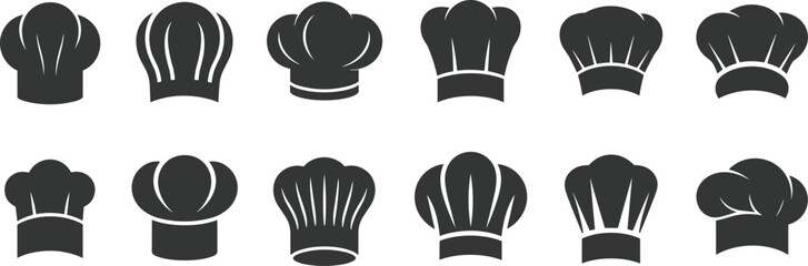 Chef, hat, toque, cooking, baker, restaurant, professional, kitchen, culinary, food, cook, uniform, headwear, apparel, symbol, vector, icons, set, collection, silhouettes