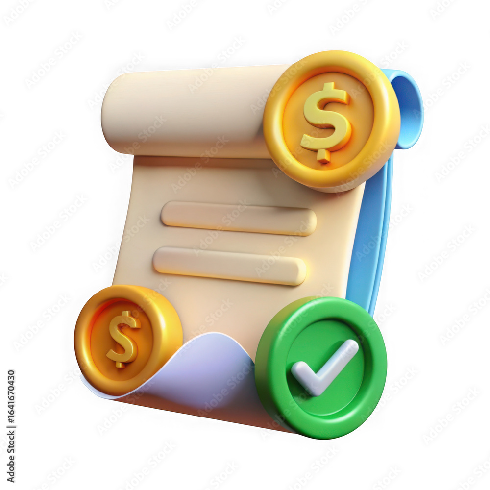 Aufkleber 3d illustration of a 3d render of a financial bill with dollar coins and a green check mark represen