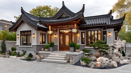 Fototapeta premium Asian inspired courtyard house front view at dusk high resolution image