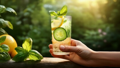 hand holding a chilled spa spritz glass filled with cucumber lemon and basil in lush greenery backdrop