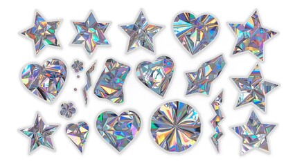 Radiant purple creased sticker patches. Chic set of metallic holographic sticky tape shapes displayed on a white canvas. Holo glittering lines or snippets.