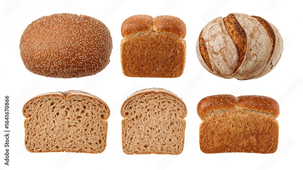 Poster range of traditional rye flatbreads captured from different sides in a rectangular format on an isol