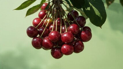 Bright red cherries hanging from a branch surrounded by fresh green foliage in sunlight.
