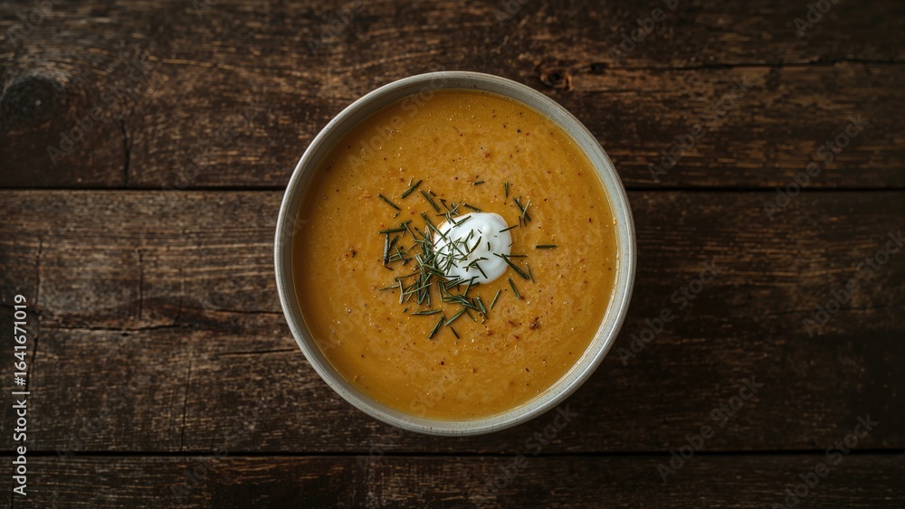 Aufkleber top-down view of pumpkin soup served on a rustic wooden table with space for text