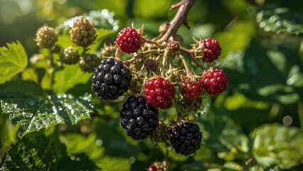 Organic blackberries at various ripeness stages covered in morning dew on a garden shrub