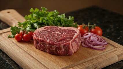 Raw tomahawk steak of beef displayed with components on an uncooked food setting
