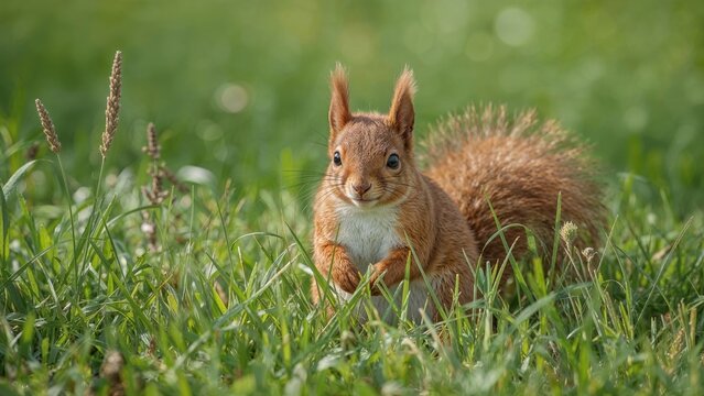 Grass-dwelling Eurasian red squirrel (Sciurus vulgaris) in a natural setting