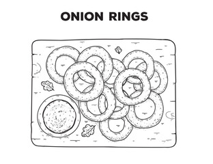 Onion rings sketch. Hand drawn vector illustration. Gastropub, gastrobar, pub food. Detailed design element. Top view.