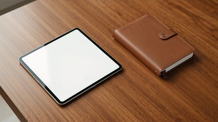 Sleek tablet alongside a planner resting on a wooden desk indoors with room for text