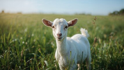 Obraz premium Summer portrait of a pale goat surrounded by grass and nature