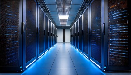 advanced data center with rows of black server cabinets and illuminated status lights under blue led lighting perfect for cloud computing network infrastructure or cybersecurity themes