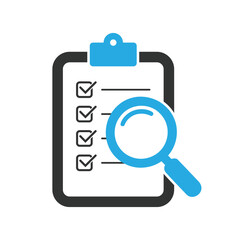 Checklist clipboard with magnifying glass icon representing task review
