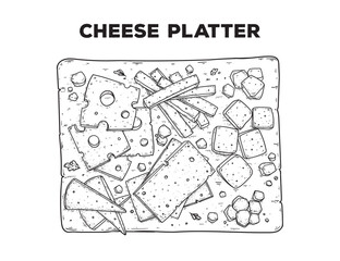 Cheese platter sketch. Hand drawn vector illustration. Gastropub, gastrobar, pub food. Detailed design element. Top view.