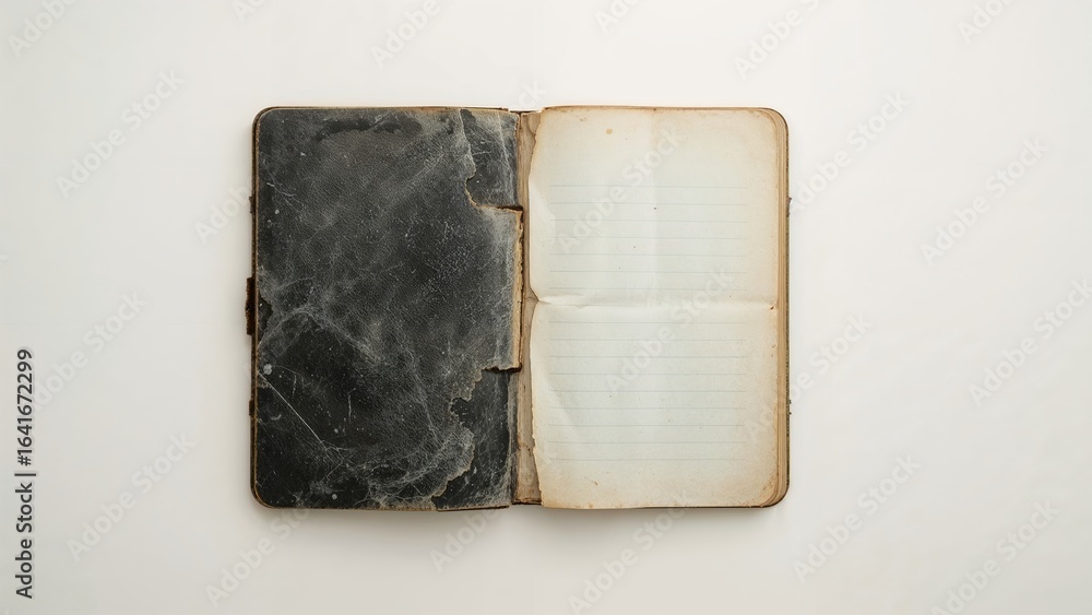 Poster old distressed black and gray notepad with isolated paper surface, front and back