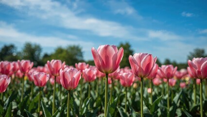 Blue skies above vibrant pink tulips