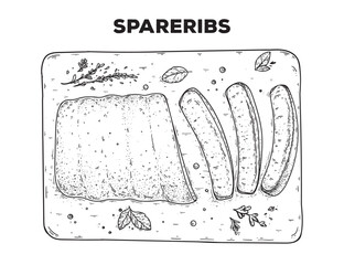 Spareribs sketch. Hand drawn vector illustration. Gastropub, gastrobar, pub food. Detailed design element. Top view.