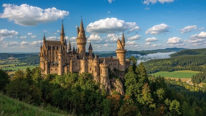 Fototapeta premium Picture of an enchanting storybook fortress adorned with numerous tall spires