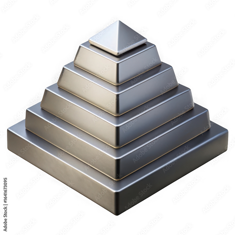 Poster 3d illustration of a metallic pyramid structure with layers stacked on top of each other in an isometric view isolated on transparent background