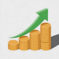 Green arrow pointing up over stacks of gold coins representing financial growth