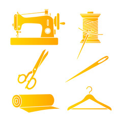 Sewing Machine Thread Needle Scissors Fabric Hanger Icons.