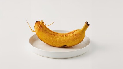 Fried banana served on a white dish with a clean backdrop, breakfast, healthy snack, yellow dessert